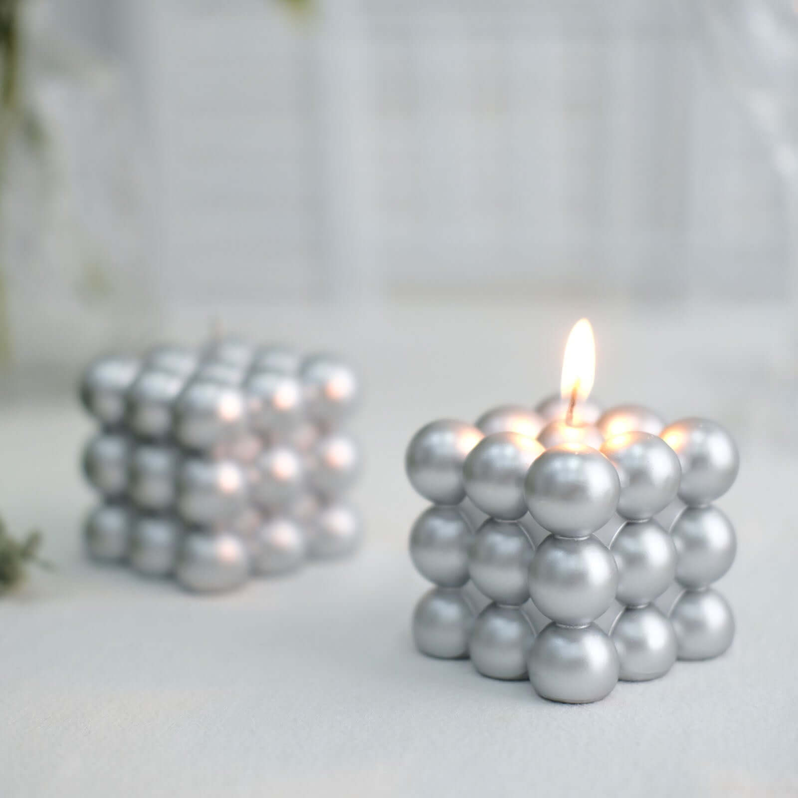 2-Pack Decorative Paraffin Wax Candles Bubble Cube Design Metallic Silver - Unscented Long Burning Pillar Candle Set 2"
