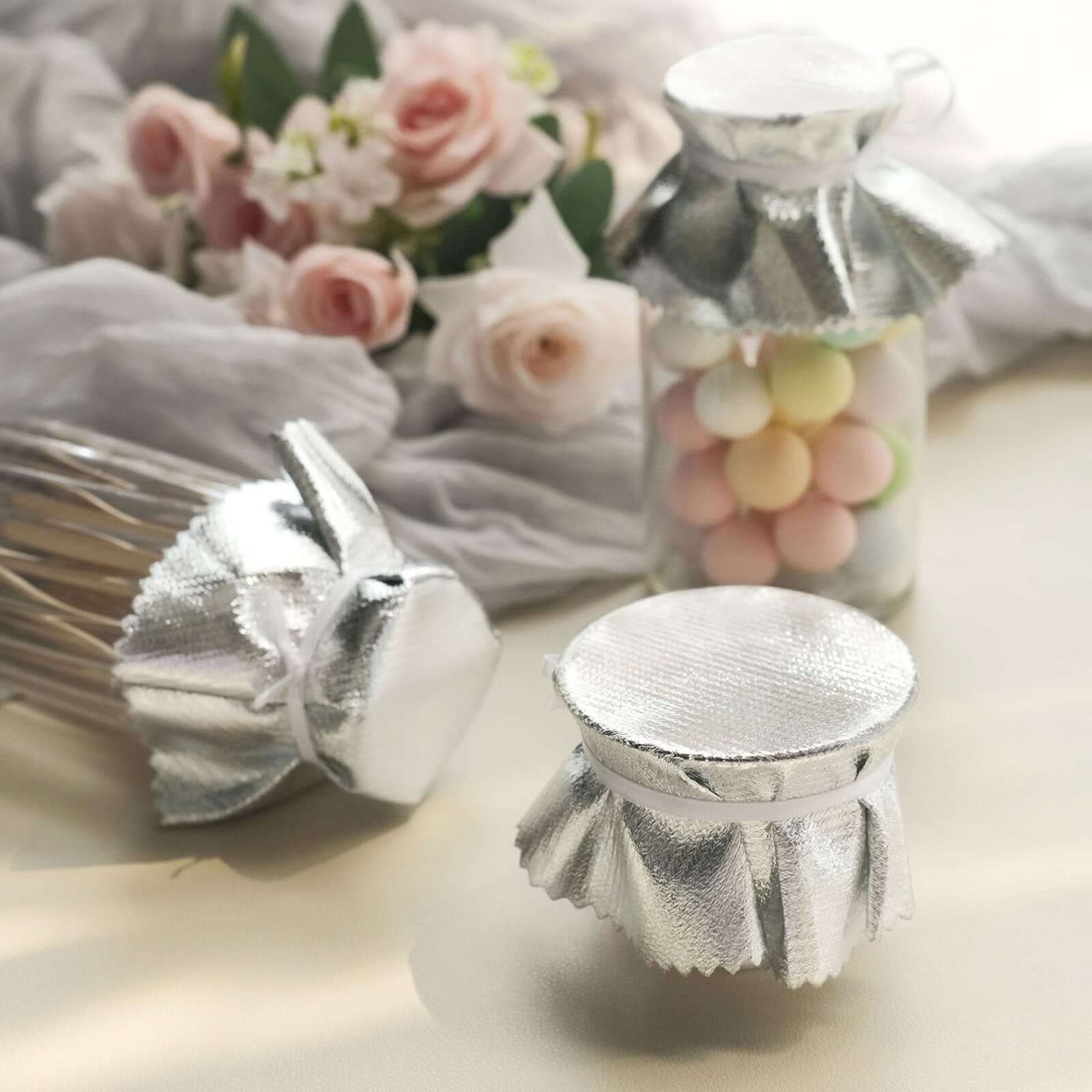 6-Pack Jar Covers Metallic Silver Round Lame Fabric Design with Satin Tie String - DIY Party Favors & Craft Supplies 6"
