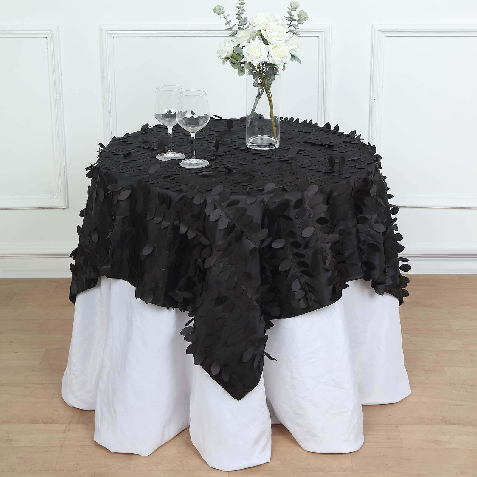 Taffeta 54"x54" Table Overlay Square Tablecloth Black 3D Leaf Petal Table Cover