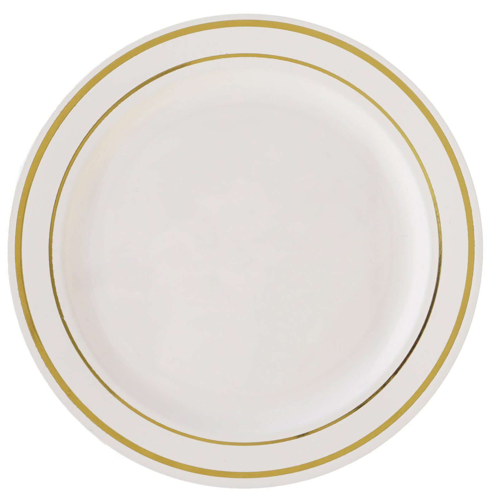 10-Pack Plastic Dessert Plates Ivory with Très Chic Gold Rim - Disposable Appetizer Plates for Parties 6"