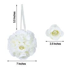 2 Pack 7" Cream Artificial Silk Rose Kissing Ball, Faux Flower Ball