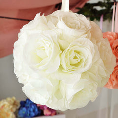 2 Pack 7" Cream Artificial Silk Rose Kissing Ball, Faux Flower Ball