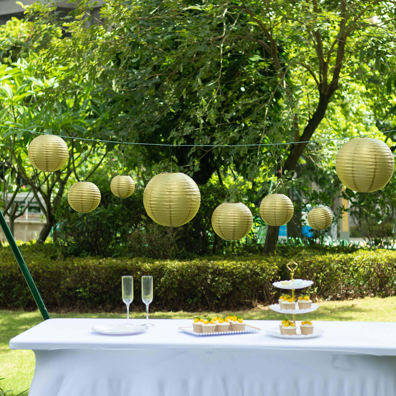 Set of 8 Gold Hanging Paper Lanterns, Decorative Round Chinese Sky Lanterns, Assorted Sizes  - 6",8",10",14"