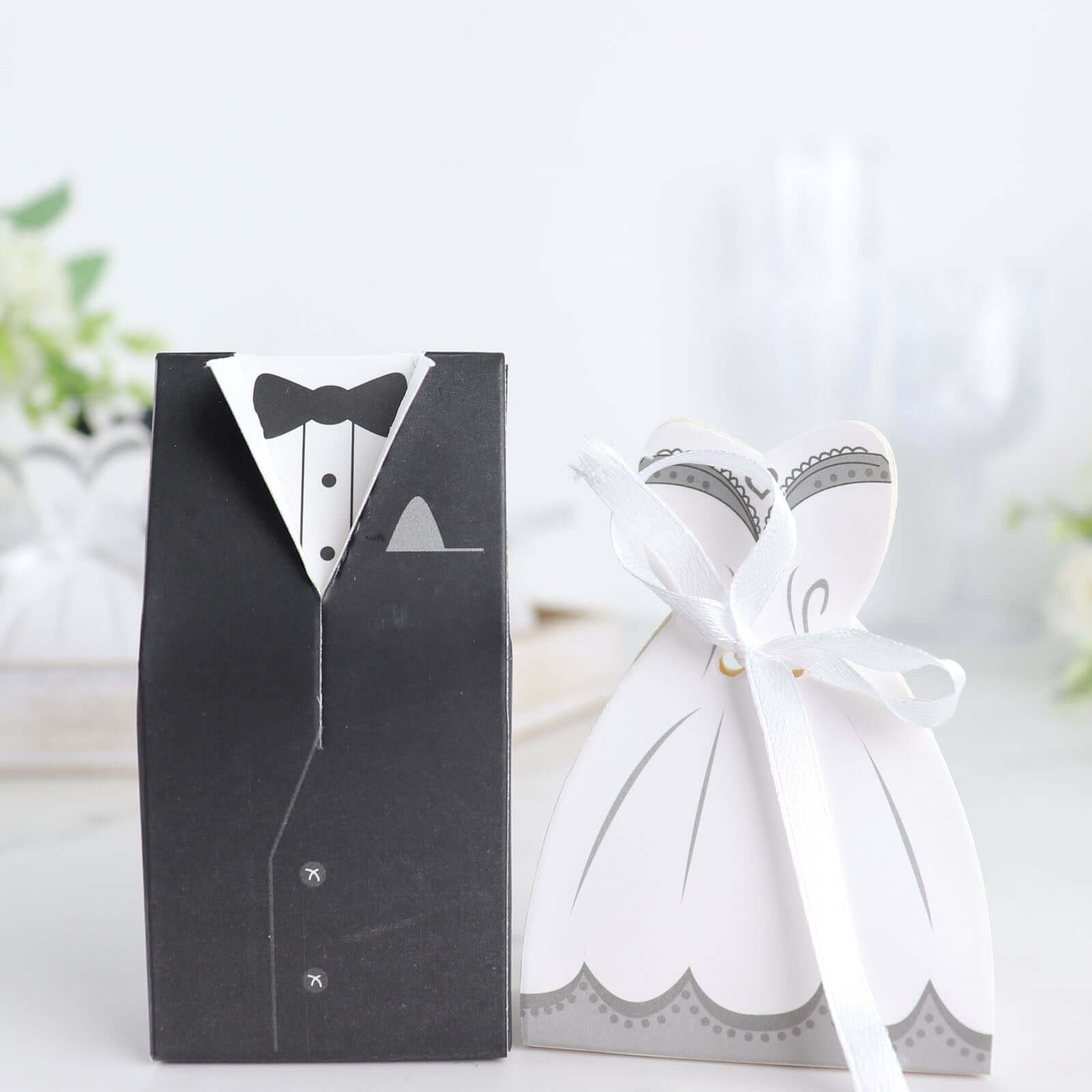 50 Pcs Set Wedding Dress and Tuxedo Shower Party Favor Candy Gift Boxes with Ribbon Ties