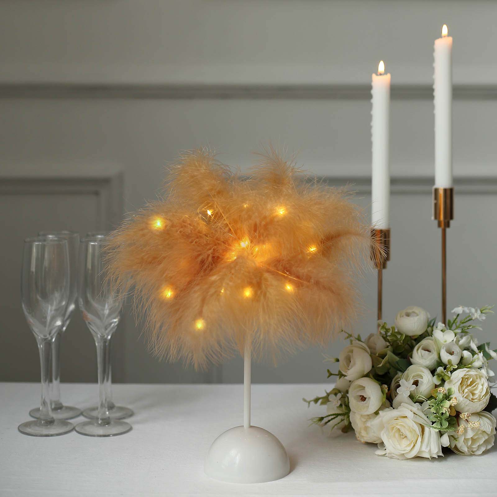 Table Lamp Feather Design Natural LED Battery Operated - Cordless Wedding Centerpiece 15"