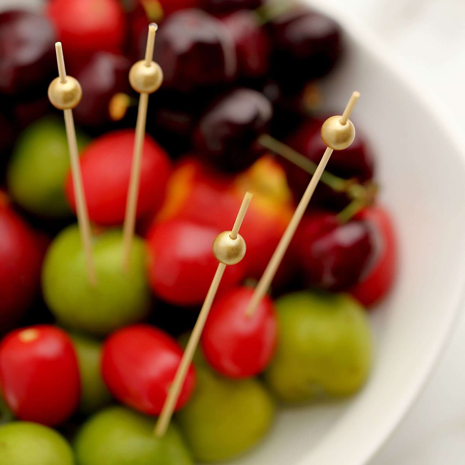 100-Pack Bamboo Cocktail Picks Gold Pearl Decorative Top Design - Eco Friendly Stir Sticks 4.5"