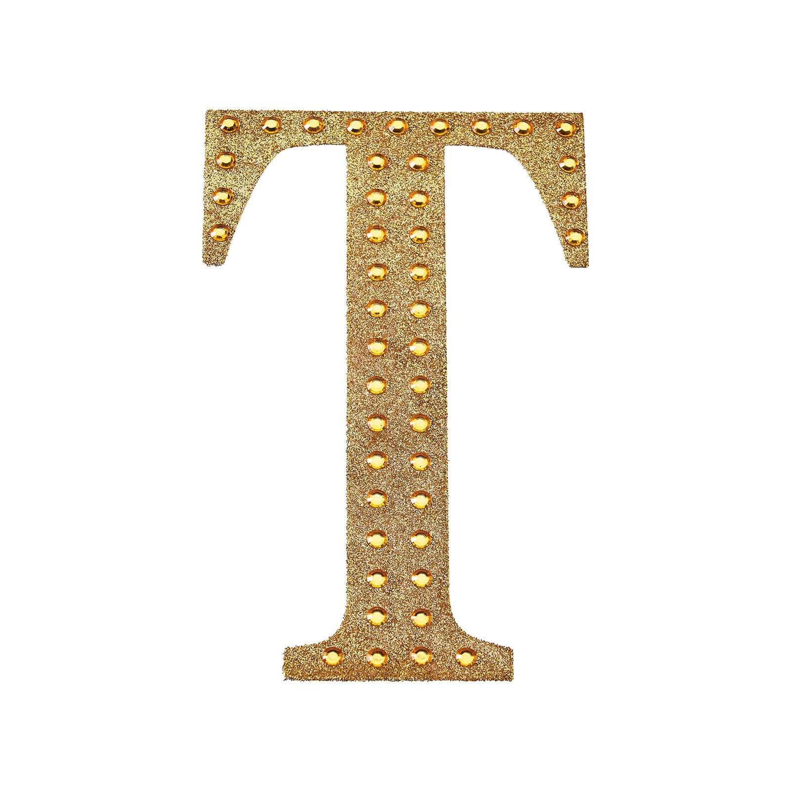 Decorative Rhinestone Alphabet "T" Letter Stickers, Glitter Adhesive Craft Letters Gold DIY Sparkle Embellishments 6"