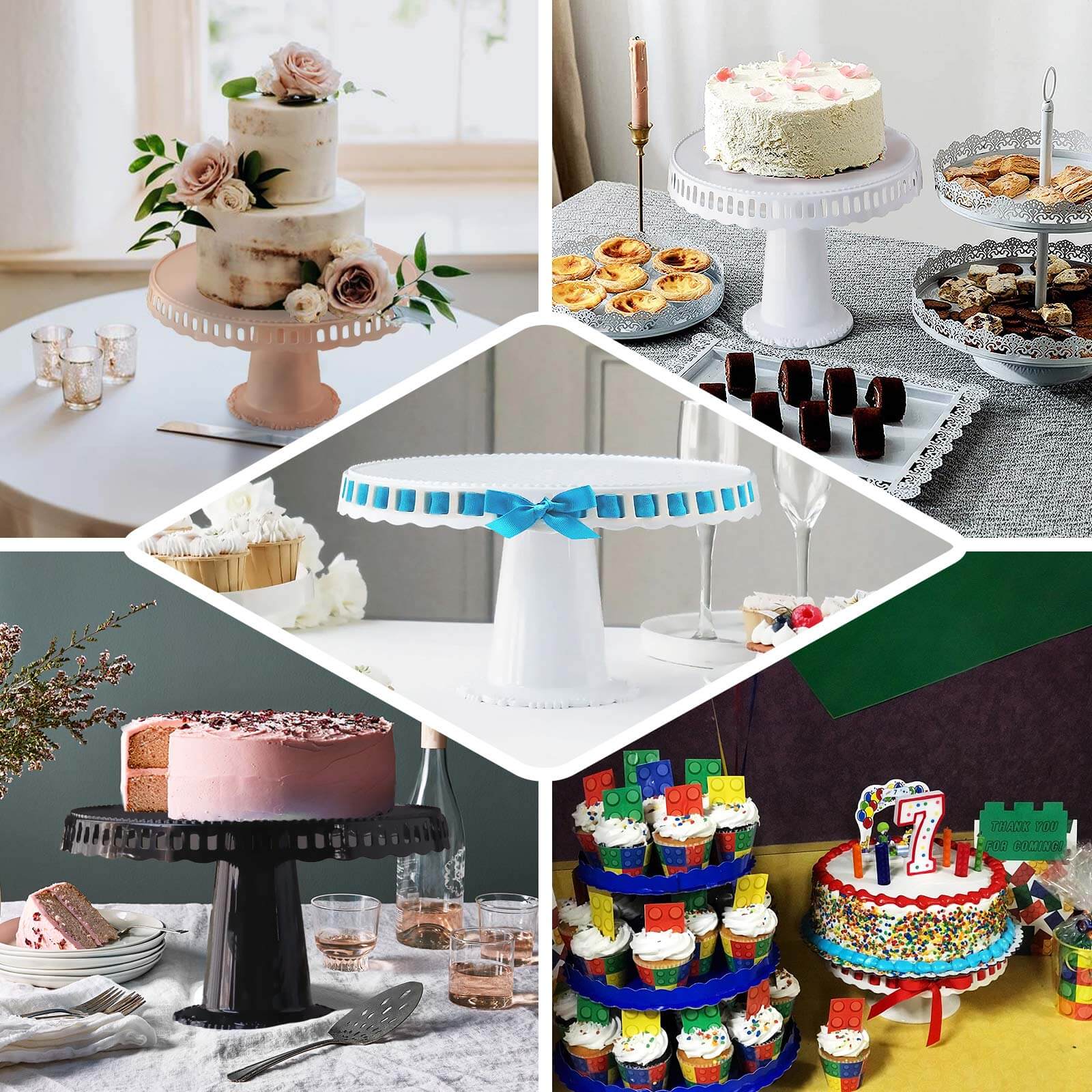 4-Pack Plastic Round Pedestal Cake Stands Clear - Reusable Cupcake Pastry Display Risers with Hollow Ribbon Trim Edges for Stylish Dessert Presentation 13"