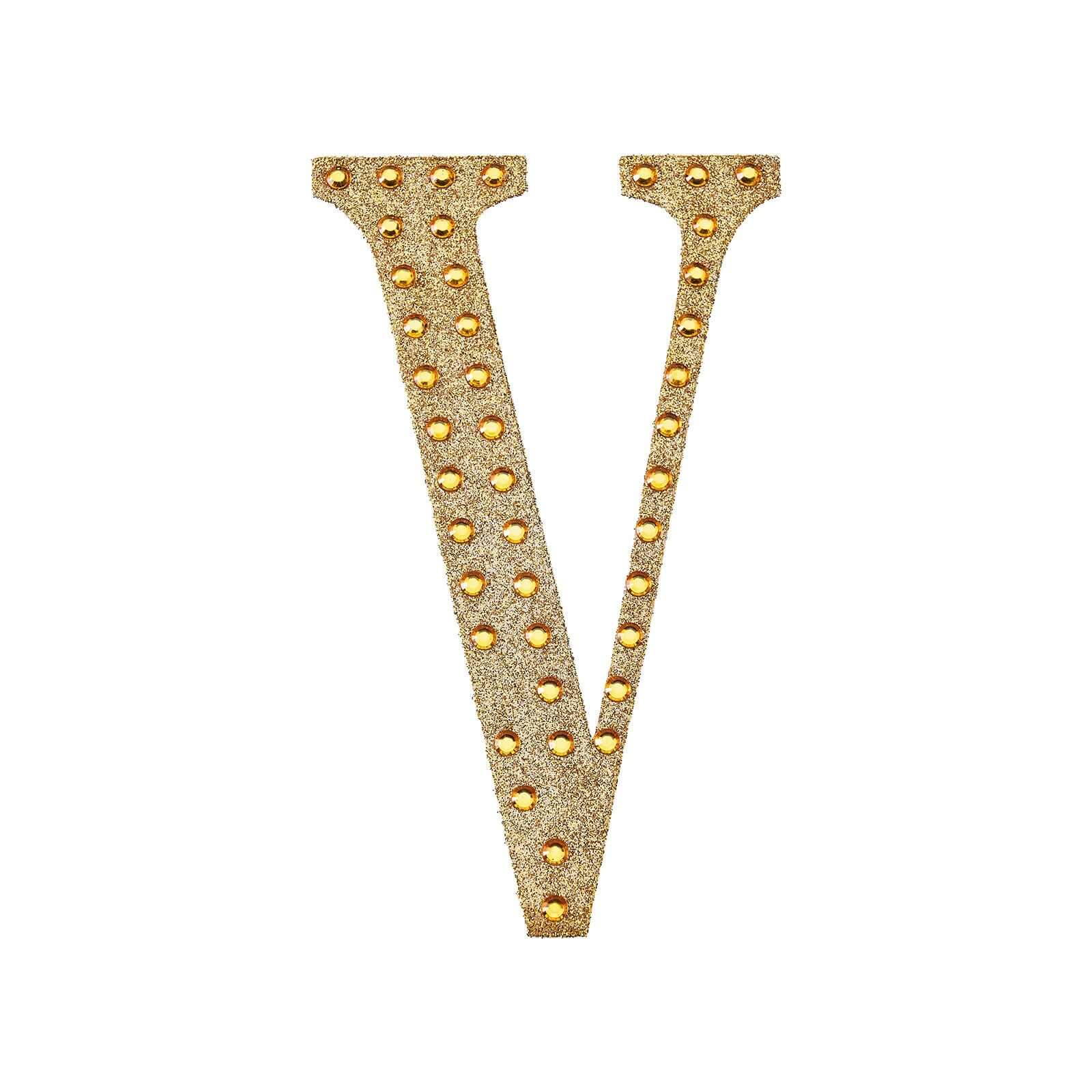 Decorative Rhinestone Alphabet "V" Letter Stickers, Glitter Adhesive Craft Letters Gold DIY Sparkle Embellishments 4"