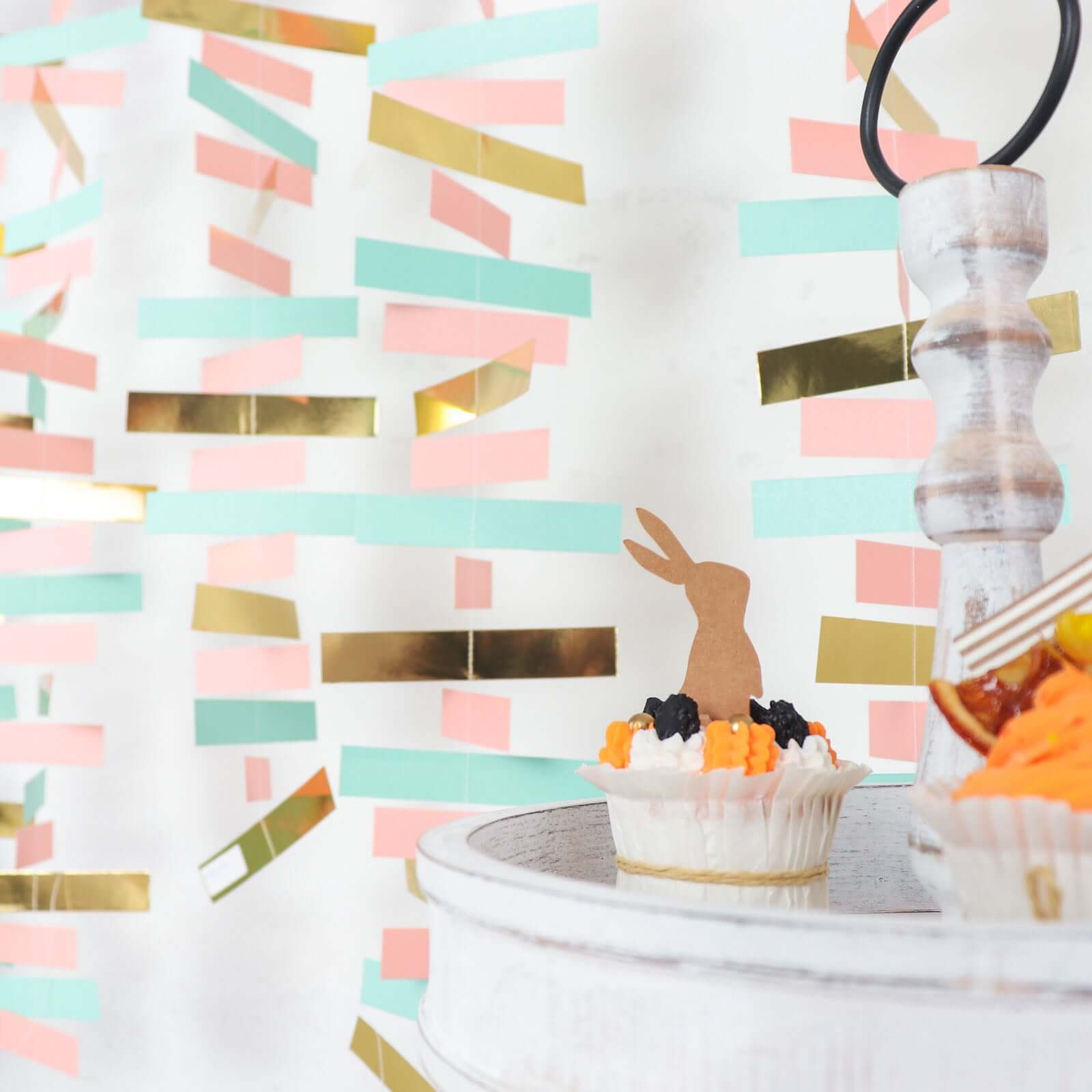 Gold, Blush and Turquoise Confetti-Like Paper Party Garland Streamer, Hanging Backdrop Decoration - 6.5ft