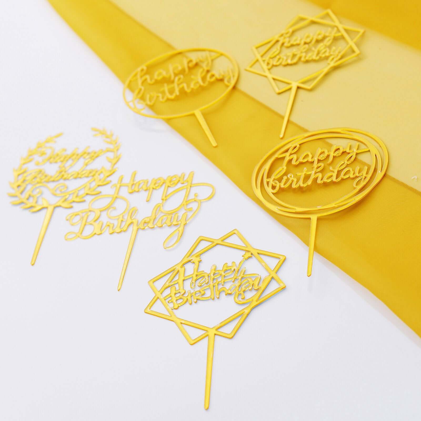 6-Pack Acrylic Happy Birthday Cake Toppers Gold Assorted Styles - Fun Reusable Cake Inserts for DIY Party Decoration Supplies