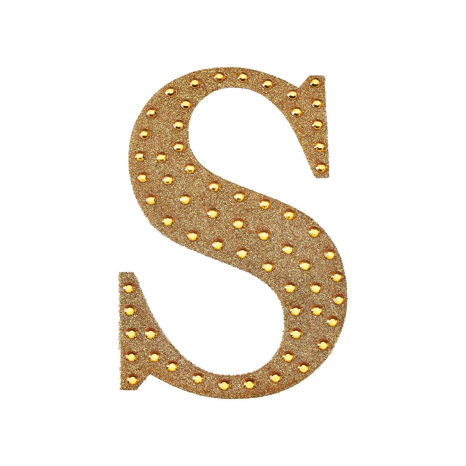 Decorative Rhinestone Alphabet "S" Letter Stickers, Glitter Adhesive Craft Letters Gold DIY Sparkle Embellishments 6"