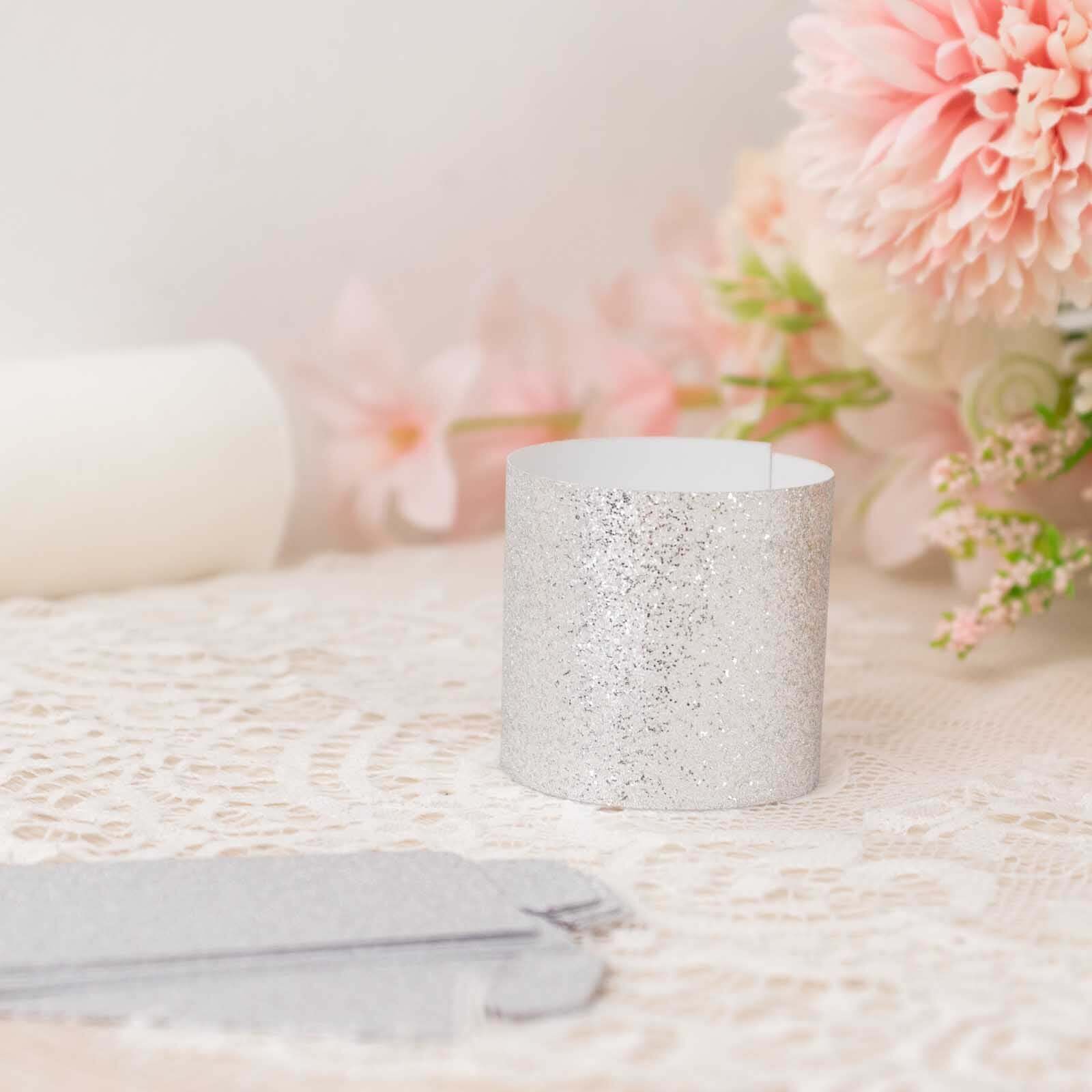 50-Pack Paper Napkin Rings Silver Glitter - Stylish Disposable Napkin Holders 1.5"