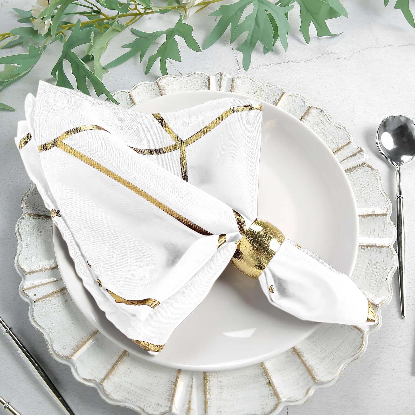 5 Pack Polyester 20"x20" Napkins White with Gold Geometric Foil Pattern - Modern Reusable Dinner Napkins for Home & Events