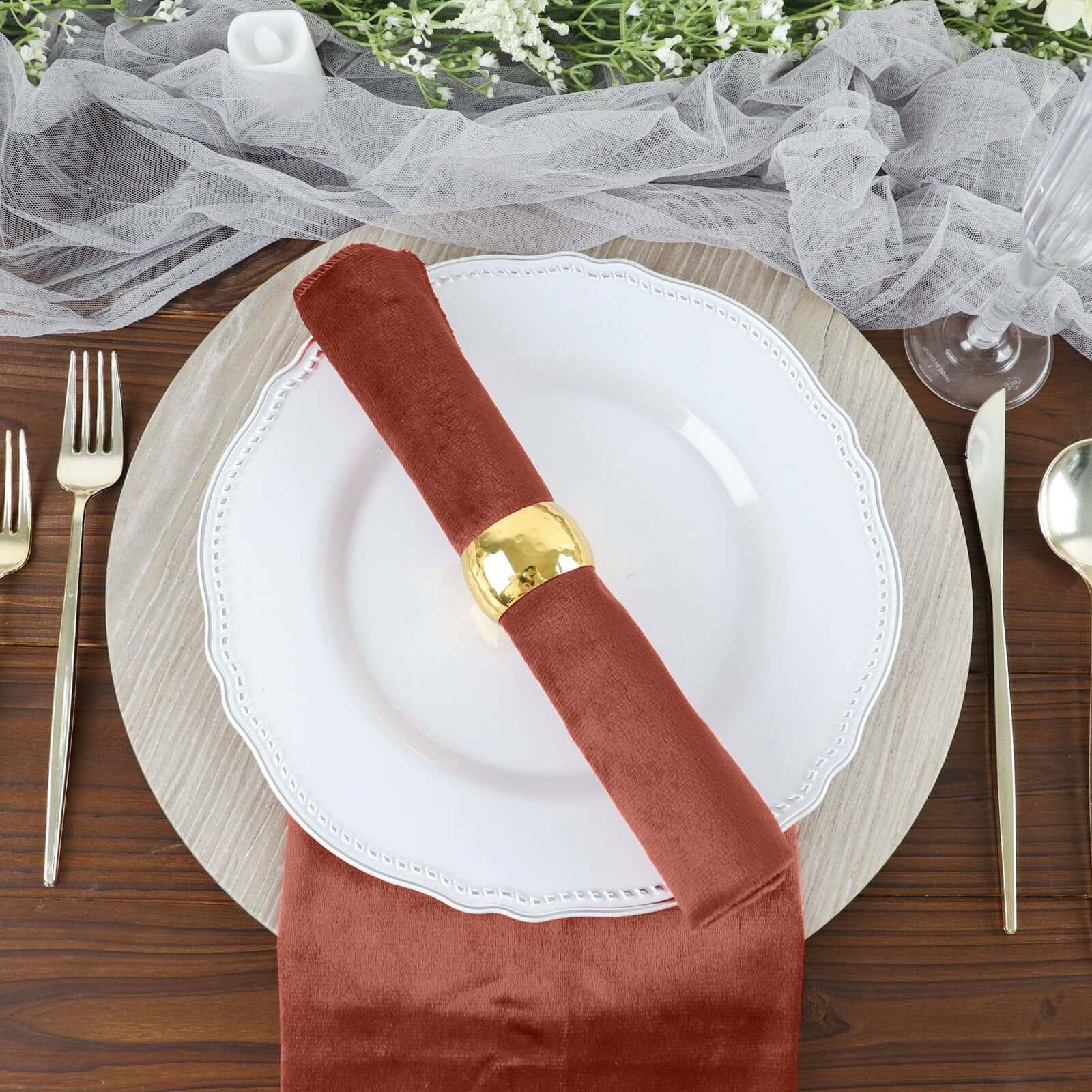 5 Pack Premium Velvet 20"x20" Napkins Terracotta (Rust) - Soft Sheen Finish Cloth Napkins