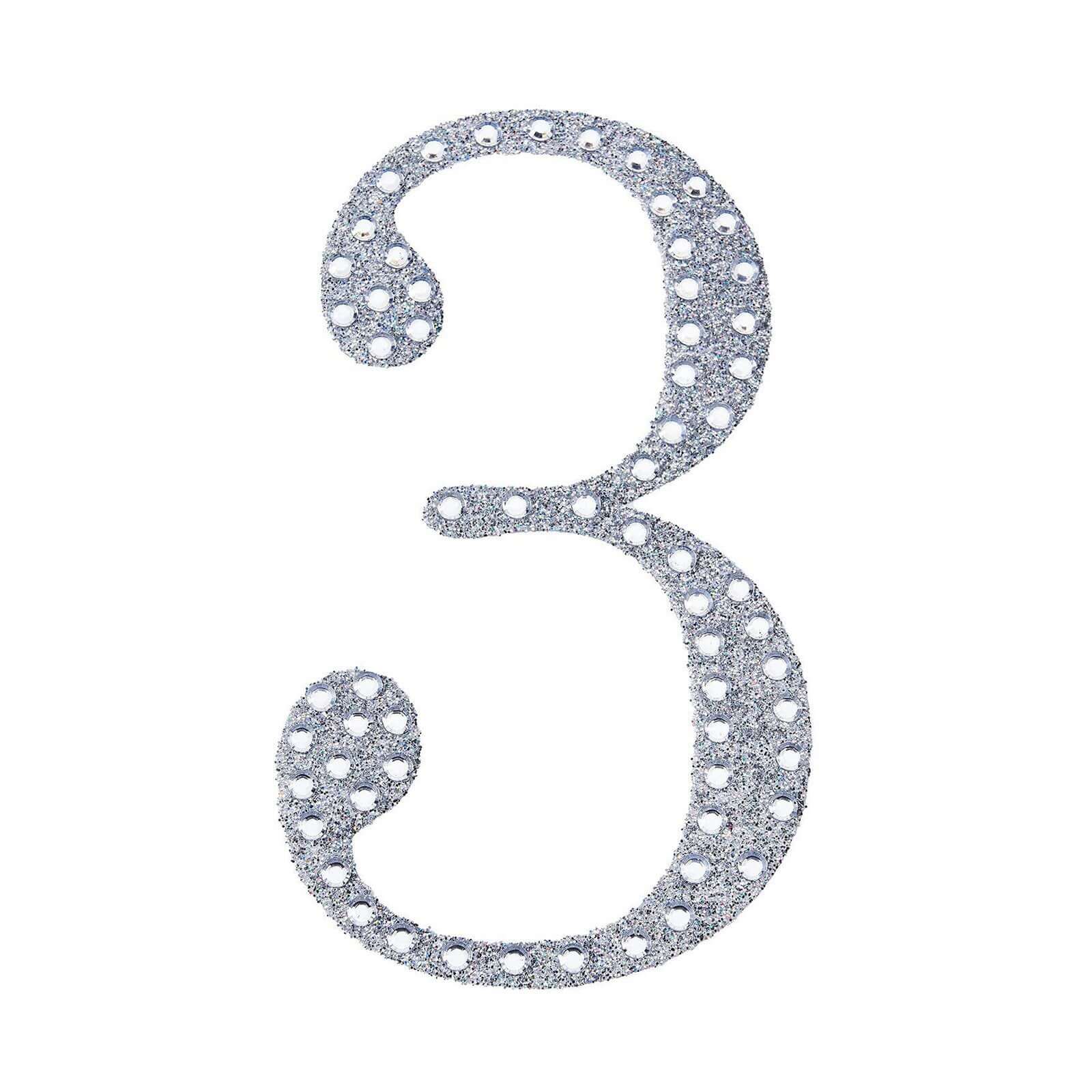 Decorative Rhinestone Number "3" Stickers, Glitter Adhesive Craft Numbers Silver DIY Sparkle Embellishments 4"