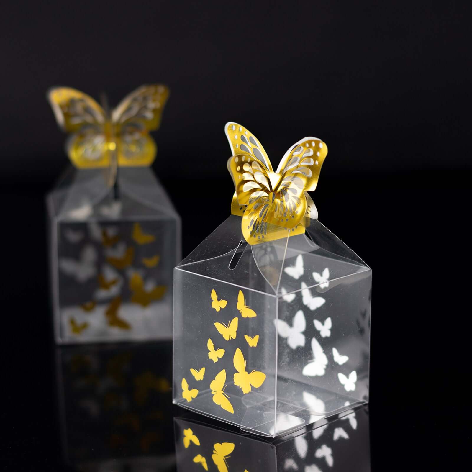 25 Pack Clear Transparent Square Party Favor Boxes with Gold Butterfly Top, Clear Candy Treat Gift Boxes - 2"x2"x4"