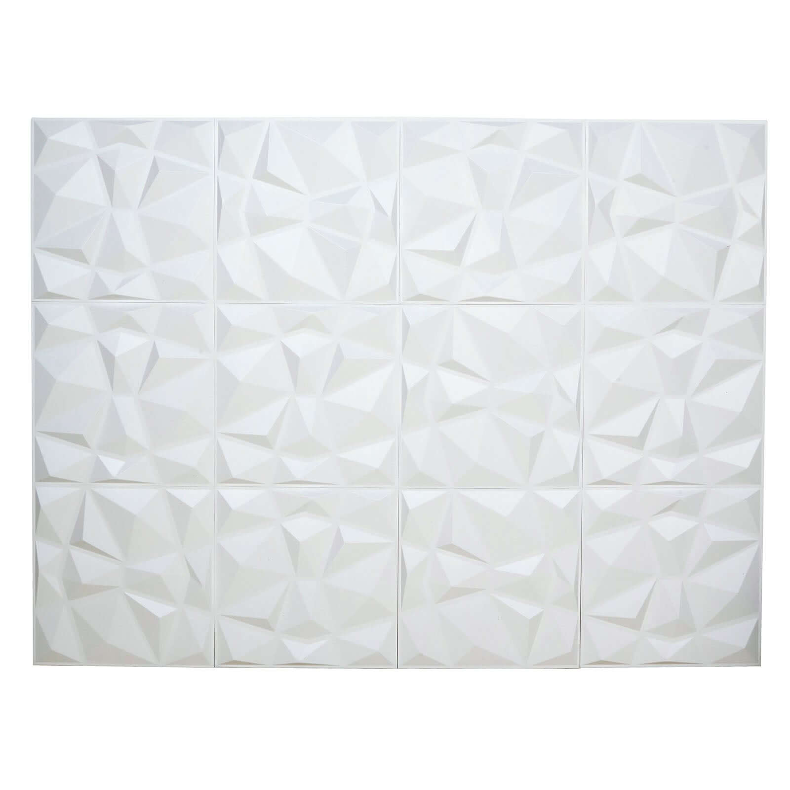 12 Pack 20"x20" Matte White 3D Texture PVC Diamond Design Wall Tiles, Stick On Waterproof Wall Panels