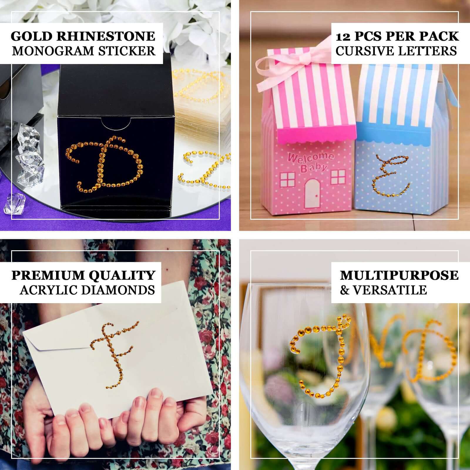 12 Pack 1.5" Gold Rhinestone Monogram Letter Jewel Sticker Self Adhesive DIY Diamond Decor - H