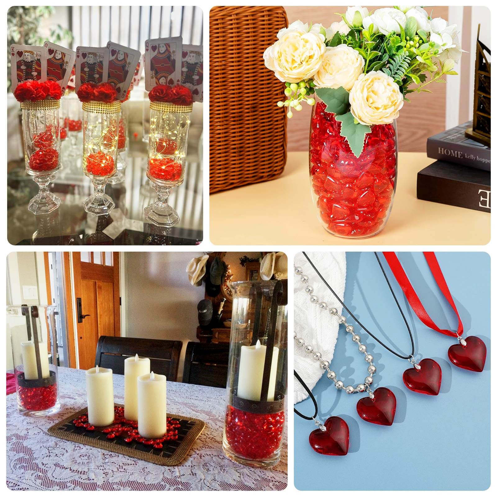 250 Pcs Acrylic Heart Diamond Gems Red Vase Fillers - Romantic Translucent Table Scatters for Valentine's Day & Events