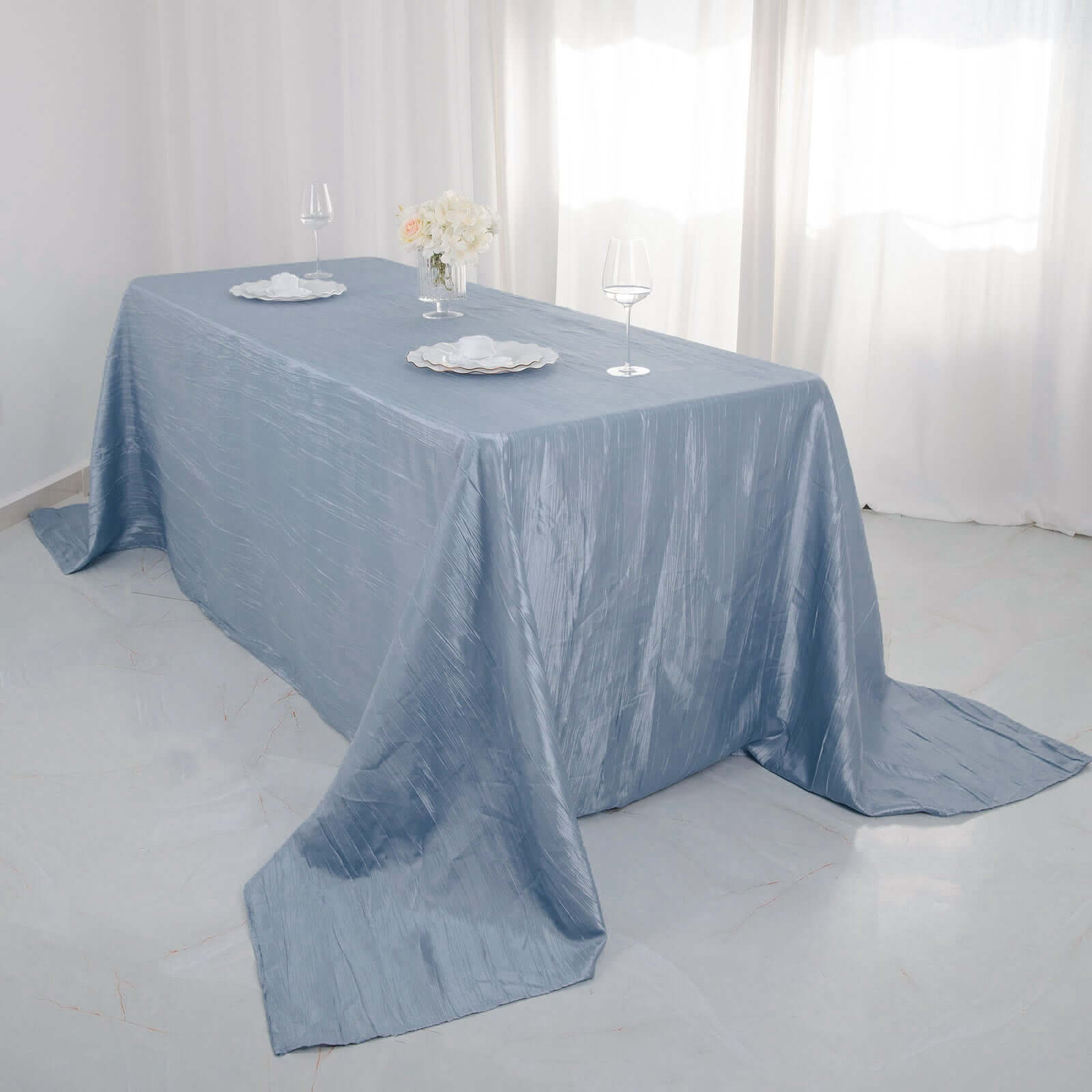 Taffeta 90"x132" Rectangle Tablecloth Dusty Blue - Seamless Accordion Crinkle Table Cover