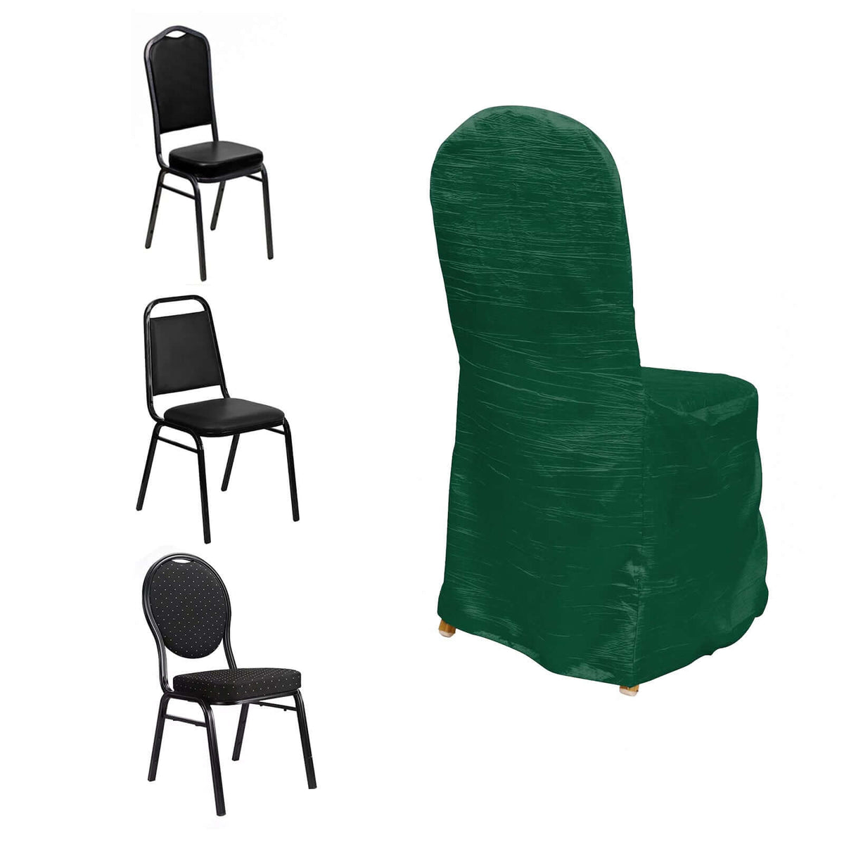 Crinkle Crushed Taffeta Chair Cover for Banquet Chairs Hunter Emerald Green - Reusable Slipcover
