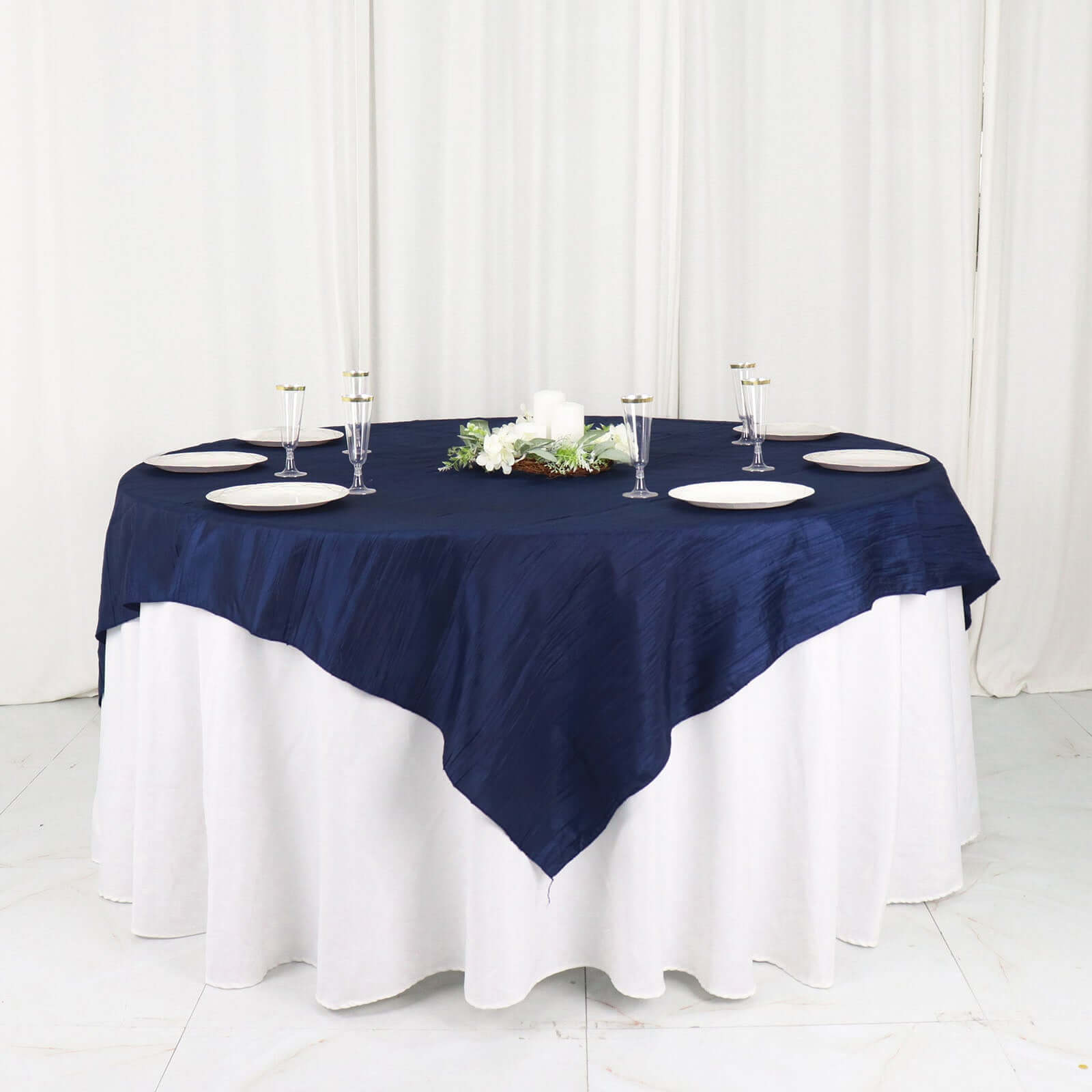 Taffeta 72"x72" Table Overlay Square Tablecloth Navy Blue - Accordion Crinkle Table Cover