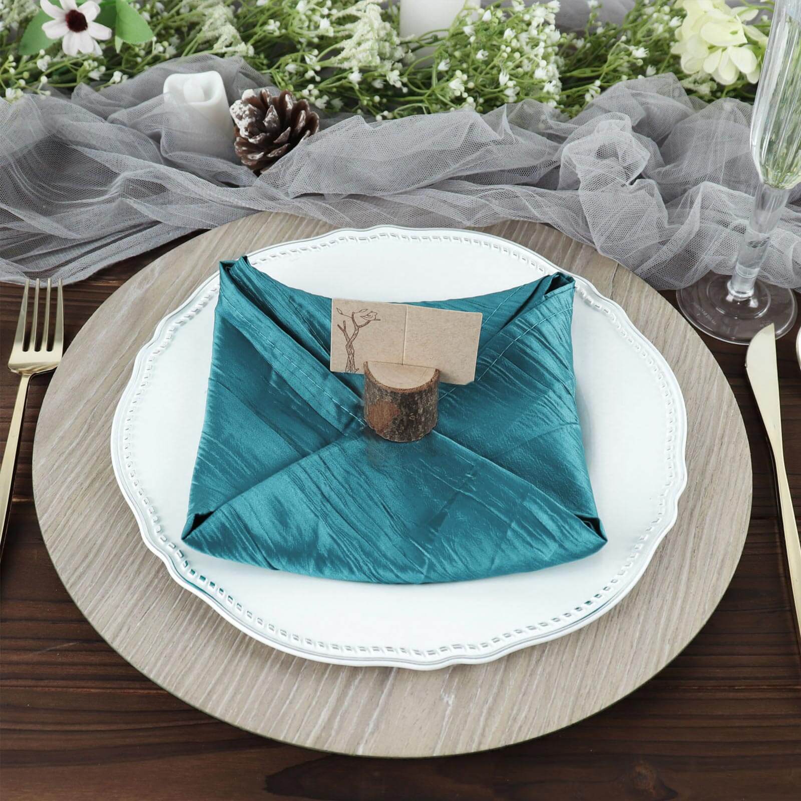 5 Pack Taffeta 20"x20" Napkins Peacock Teal - Accordion Crinkle Dinner Napkins