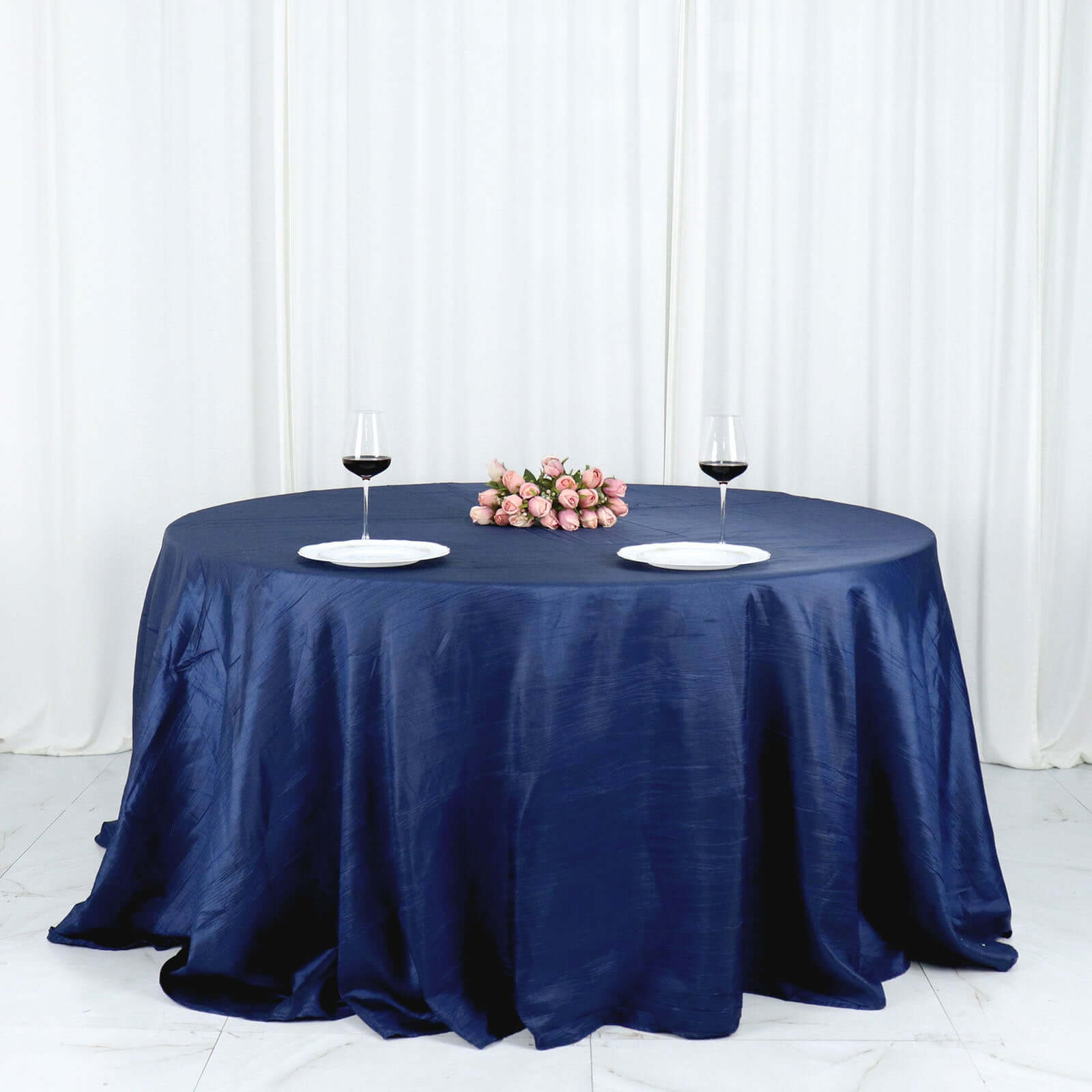 Taffeta 132" Round Tablecloth Navy Blue - Seamless Accordion Crinkle Table Cover
