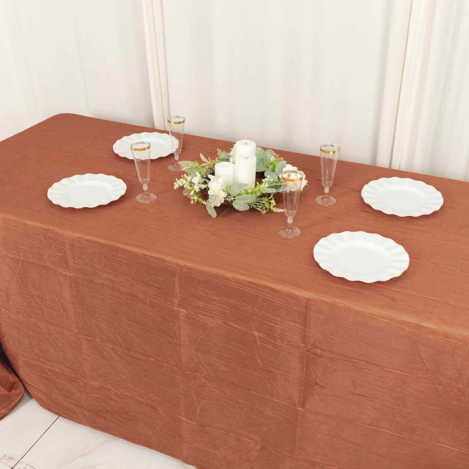 Taffeta 90"x132" Rectangle Tablecloth Terracotta (Rust) - Seamless Accordion Crinkle Table Cover