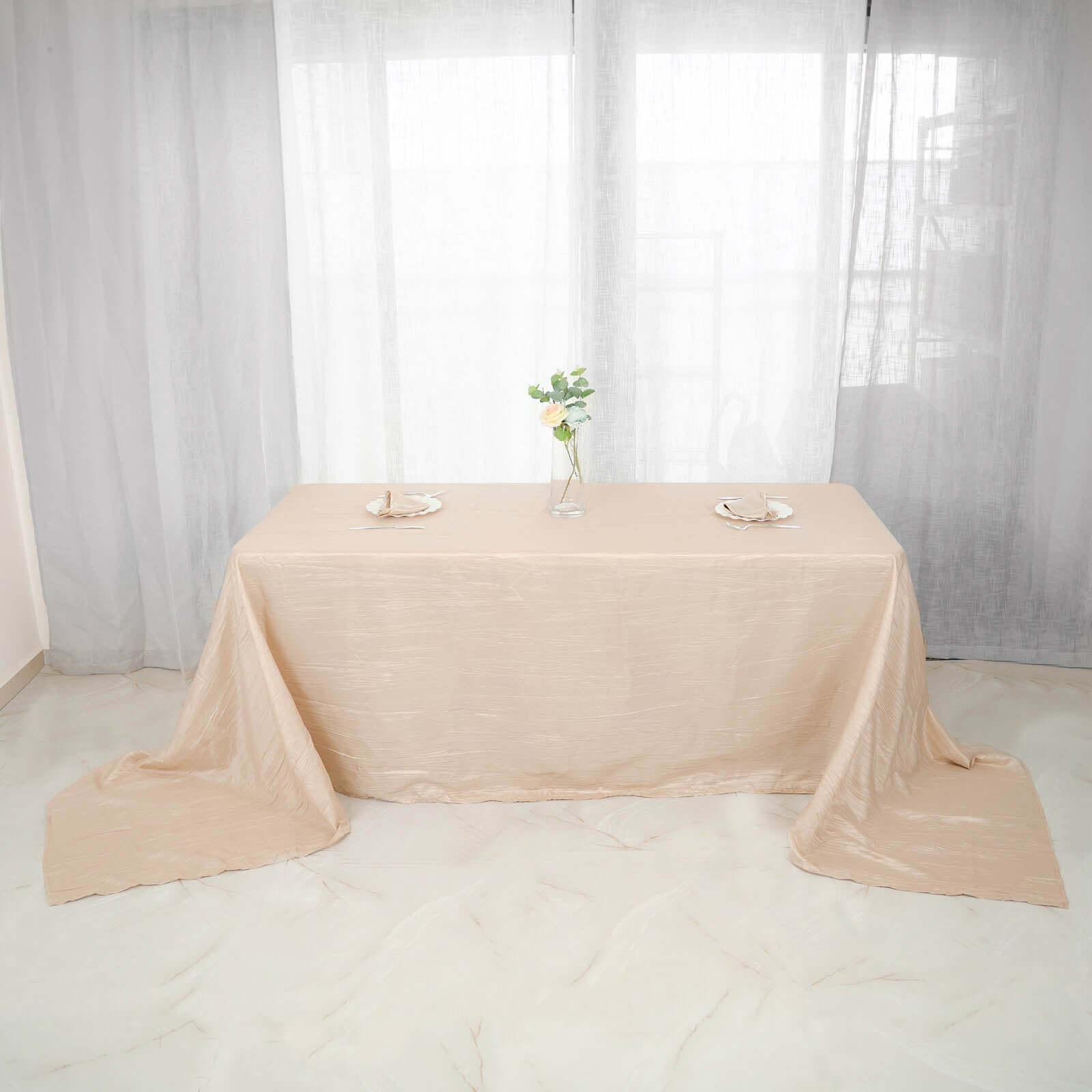 Taffeta 90"x156" Rectangle Tablecloth Beige - Accordion Crinkle Seamless Table Cover