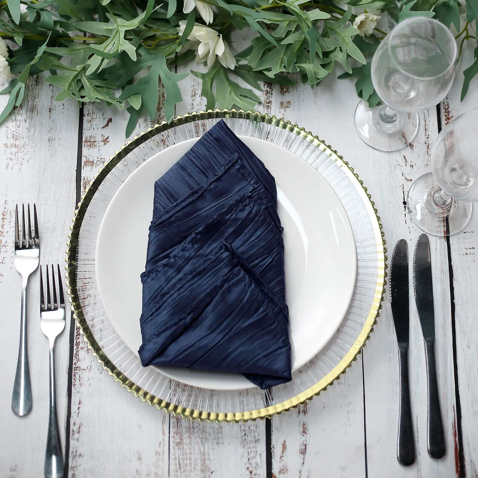 5 Pack Taffeta 20"x20" Napkins Navy Blue - Accordion Crinkle Dinner Napkins
