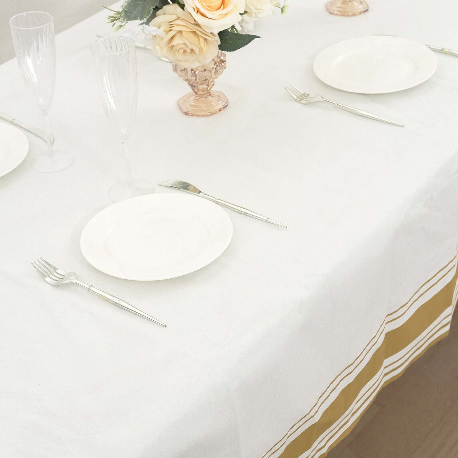 Linen-Like Paper 50"x108" Rectangle Tablecloth White - Disposable Airlaid Table Cover with Gold Striped Border