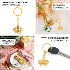 5 Pack Gold Metal Princess Crown Keychain Party Favor Souvenir, 3" Pre-Packed Wedding Bridal Shower Favor Gift Box With Ribbon & Thank You Tag