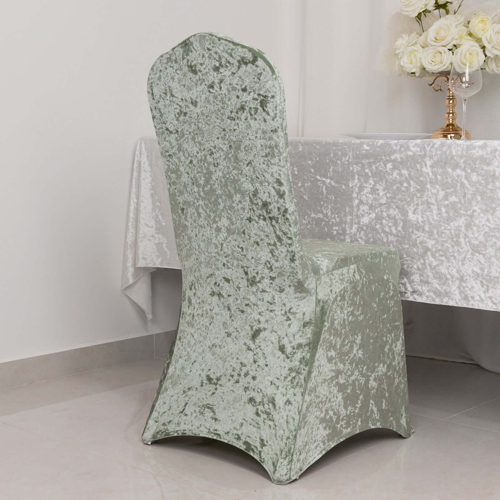 Crushed Velvet Spandex Banquet Chair Cover Fitted Slipcover Sage Green - Stretch 190GSM Slipcover with Foot Pockets