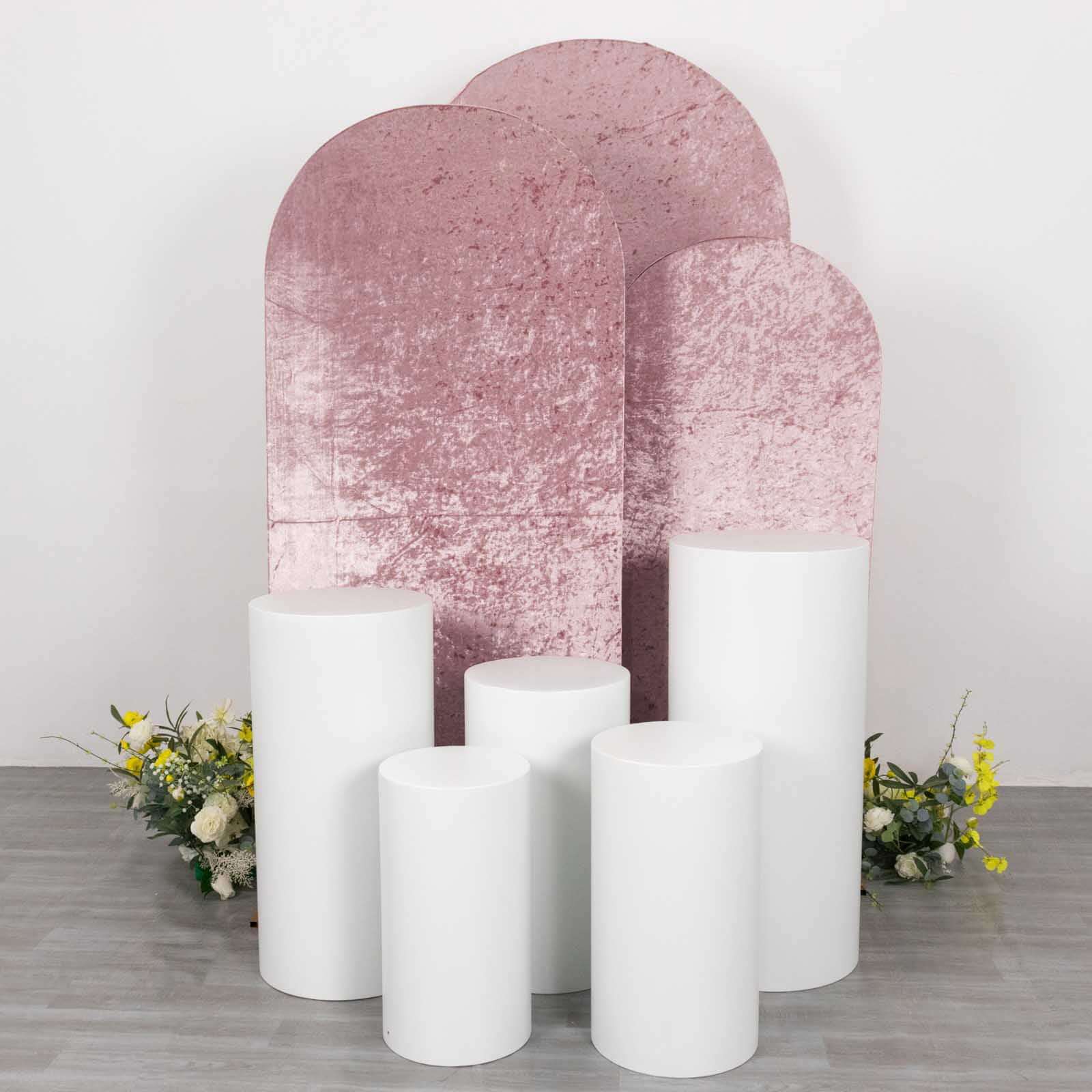 Set of 3 Dusty Rose Crushed Velvet Chiara Backdrop Stand Covers For Round Top Wedding Arches - 5ft, 6ft, 7ft