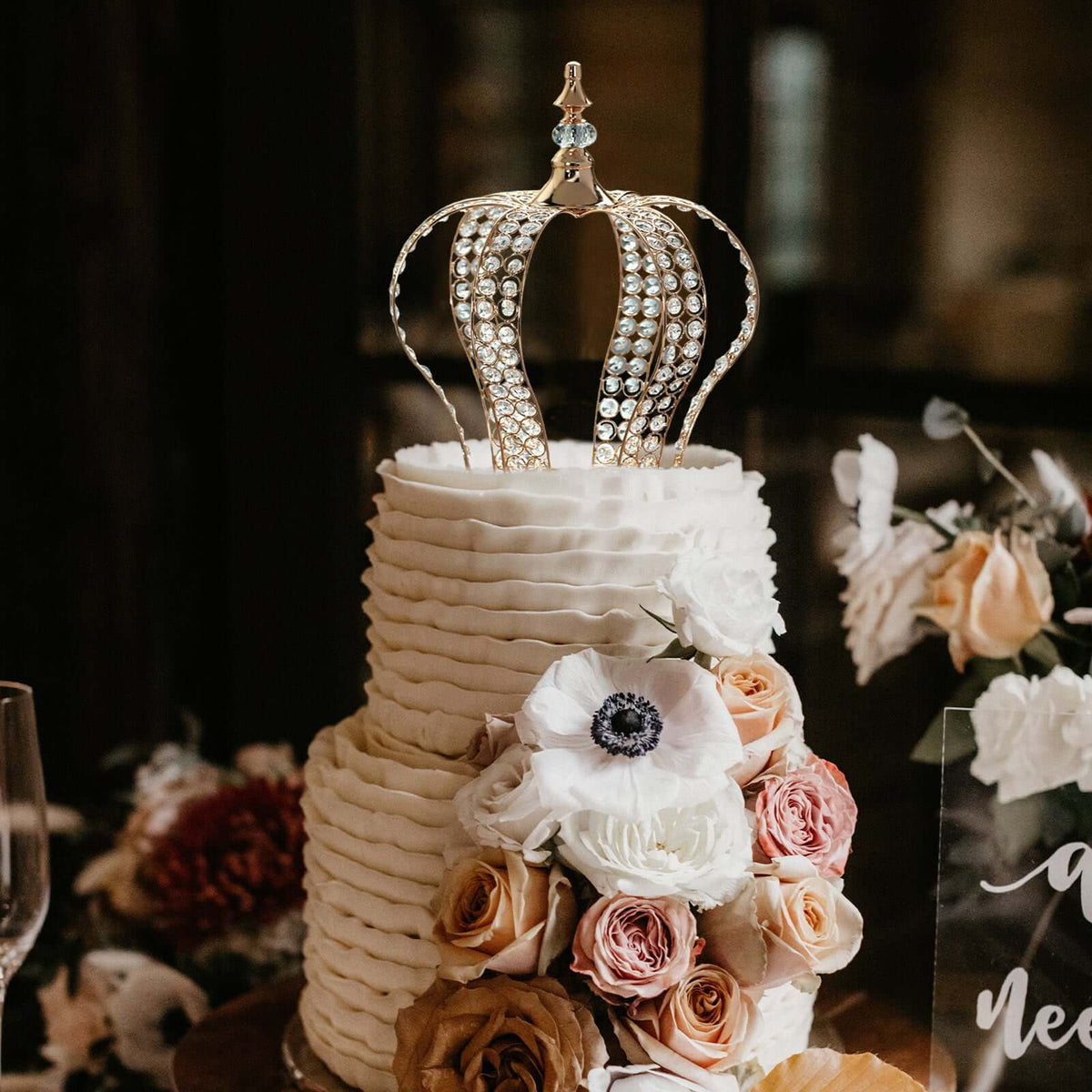 Crystal-Bead Royal Crown Cake Topper Metallic Gold - Themed Baby Showers Cakes & Event Centerpieces 16"