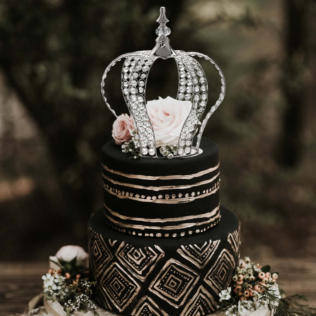 Crystal-Bead Royal Crown Cake Topper Metallic Silver - Dazzling Cake Centerpiece Decor for Luxurious Birthdays Receptions & Romantic Celebrations 14"