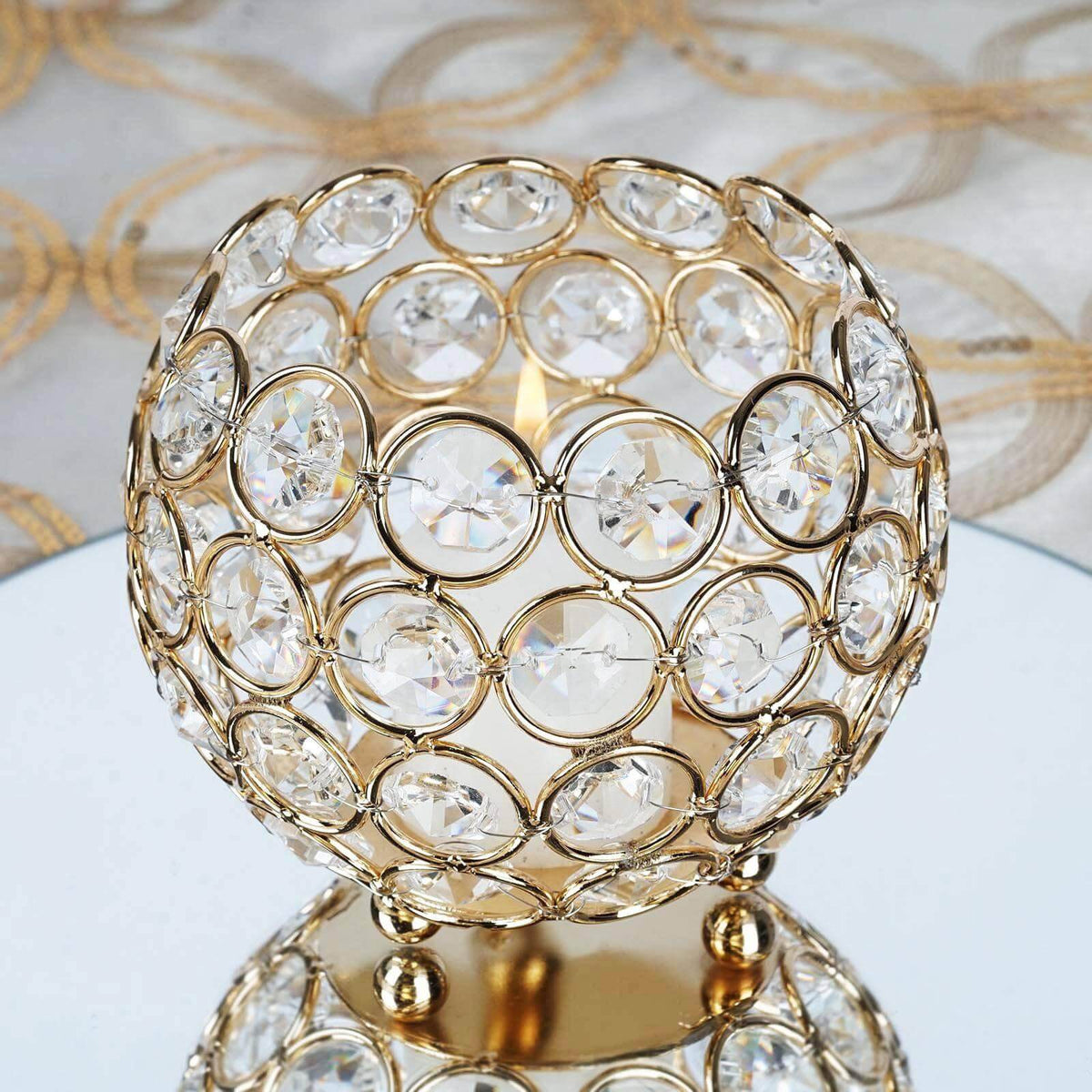 Crystal Beaded Metal Votive Tealight Holder Round Gold - Chic Multipurpose Table Vase for Events 4"