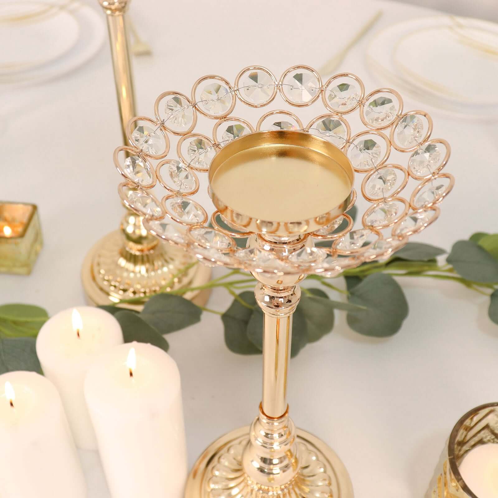 Set of 3 Metal Votive Candle Holders Crystal Beaded Design Gold - Tea Light Centerpieces 11", 13", 15"