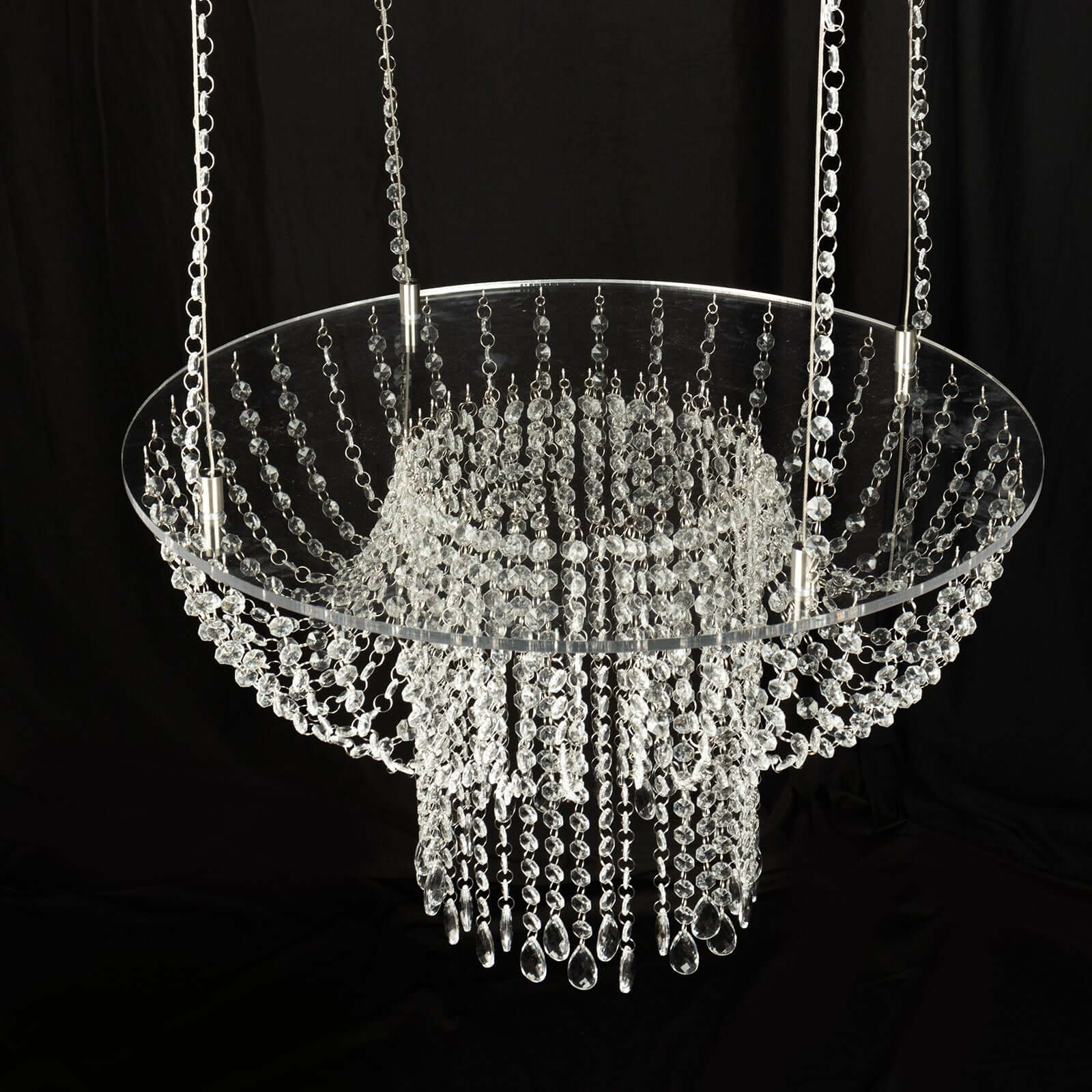 Acrylic Hanging Chandelier Cake Stand with Crystal Drapes - Suspended Round Wedding Cake Swing with 5ft Steel Wire Chains 25"