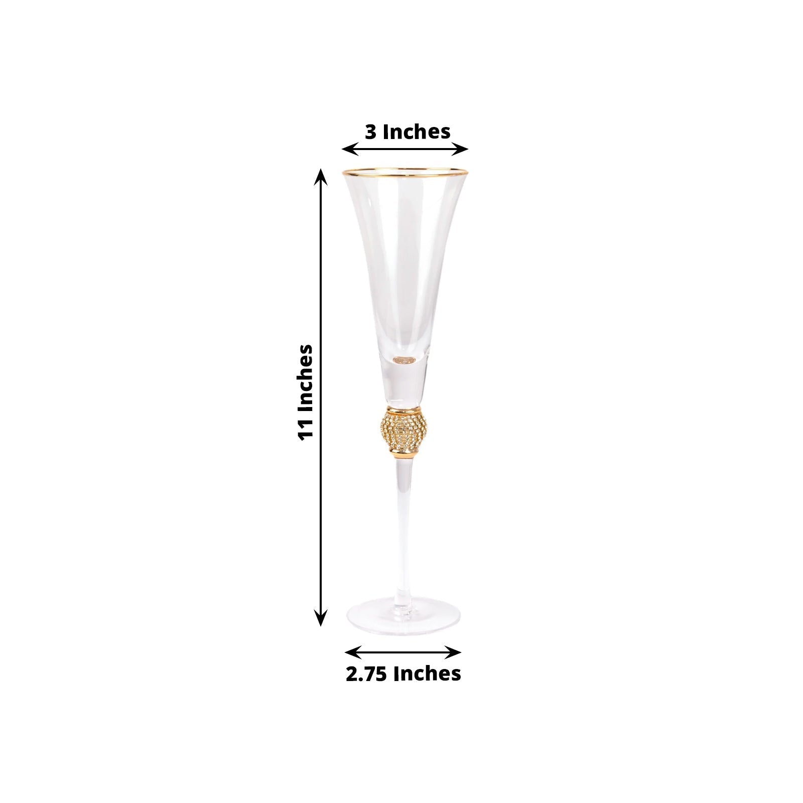 6-Pack Champagne Flute Glasses Clear Gold Rim Design with Studded Rhinestones - Long Stem Crystal Glassware for Wine & Events 6oz 11"