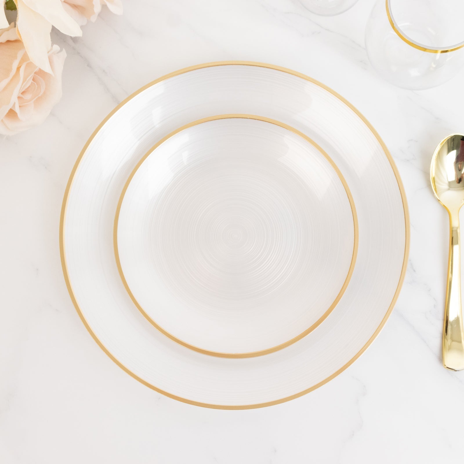 20-Pack 7" Plastic Salad Dessert Plates, Round Transparent Pearl White Swirl with Gold Rim – Crystal-Like Elegant Party Plates