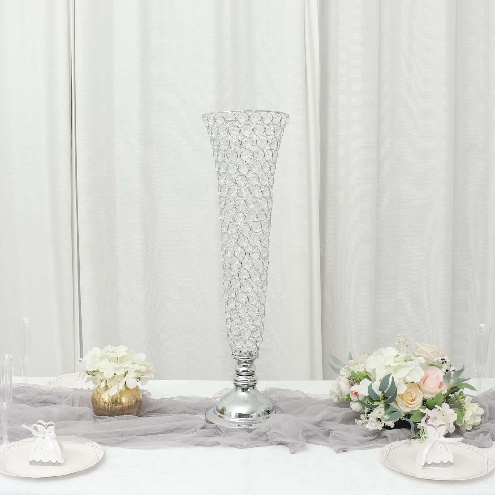 2-Pack Crystal Beaded Trumpet Vase Set Silver - Table Centerpiece for Weddings and Events 32"