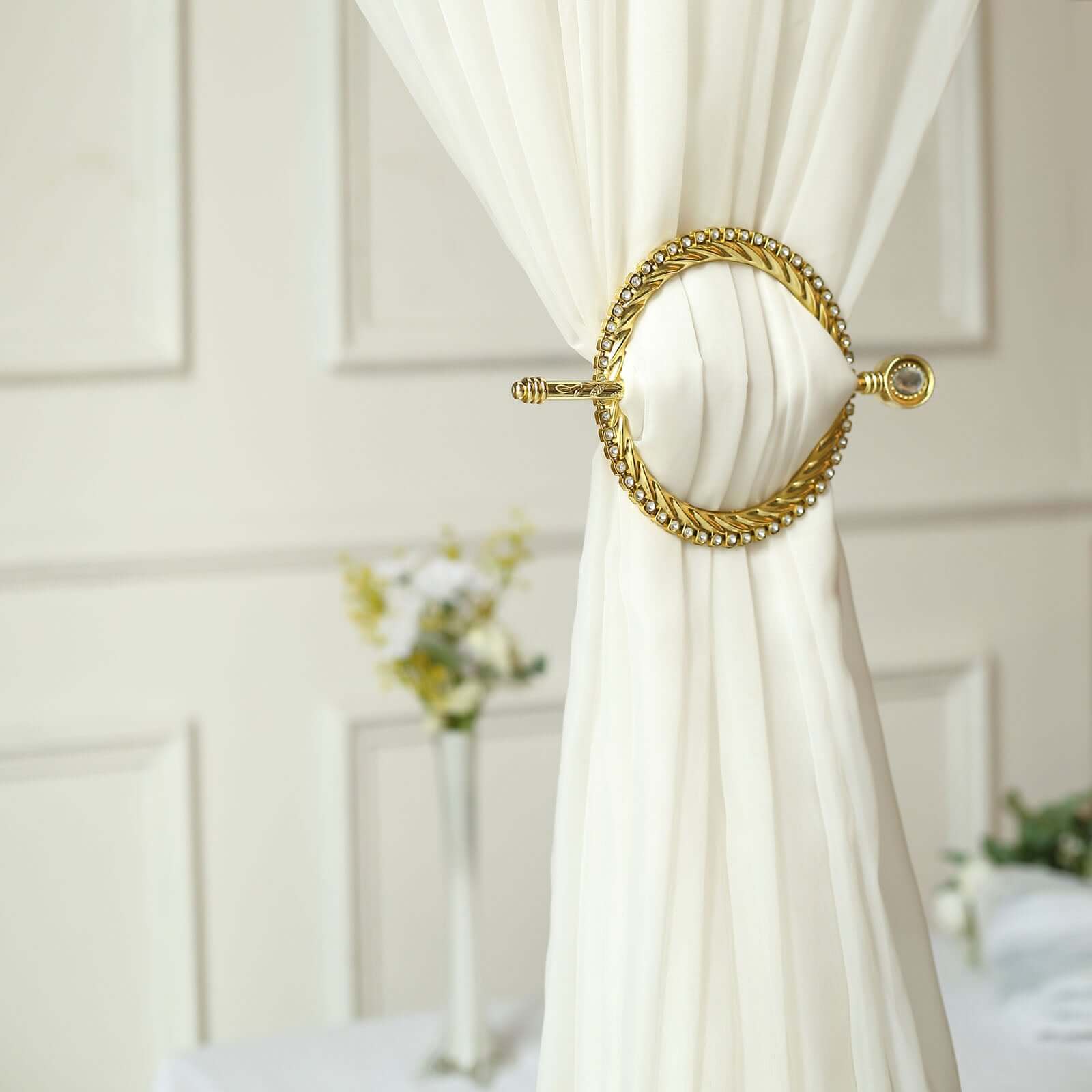 Set of 2 6" Gold Acrylic Braided Barrette Style Curtain Tie Backs With Crystal Diamond Studded Edge, Round Backdrop Drapery Brooch Holdbacks