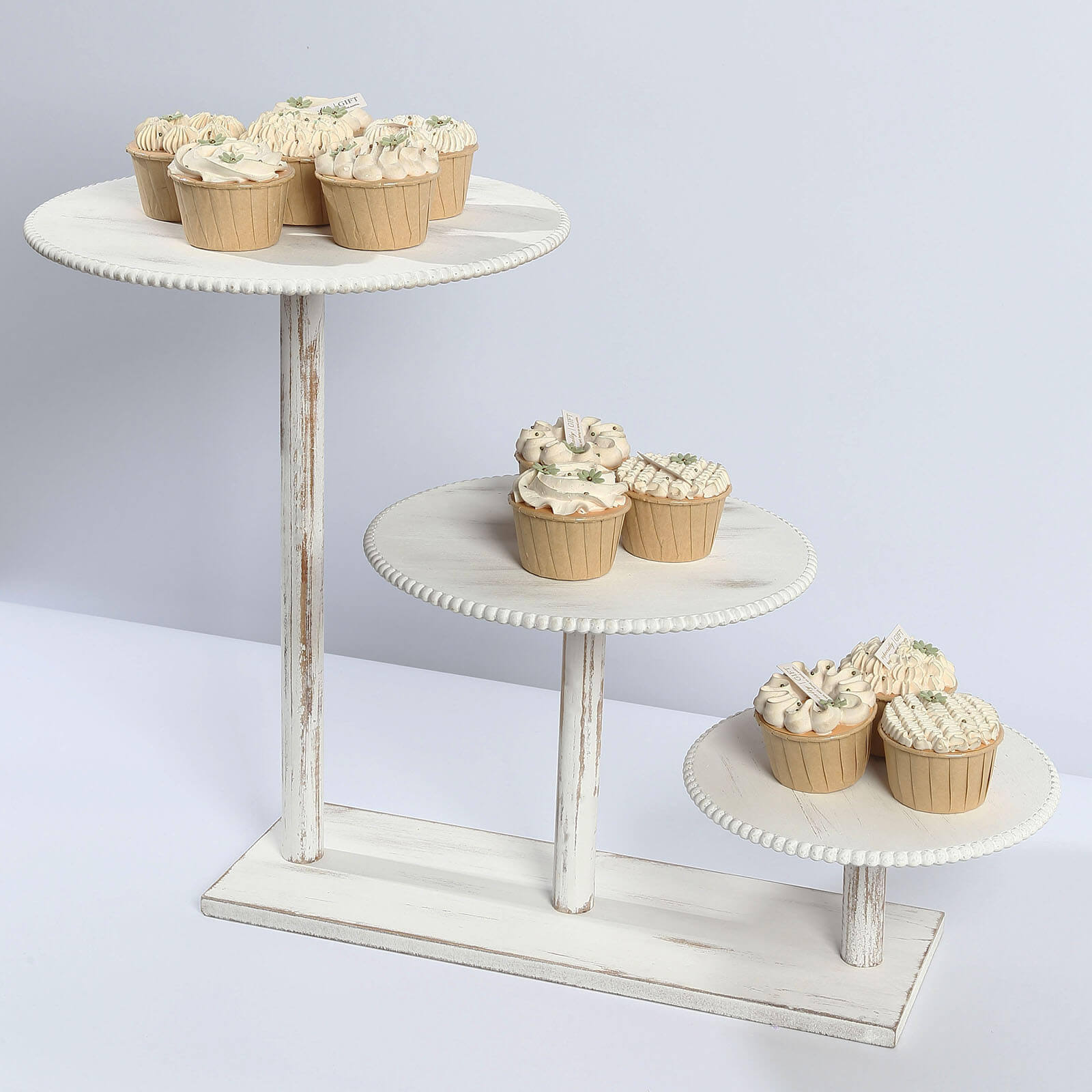 3-Tier Wooden Cake Stand Whitewash with Round Beaded Rim Trays - Rustic Cupcake Tower Dessert Display 24"x16"
