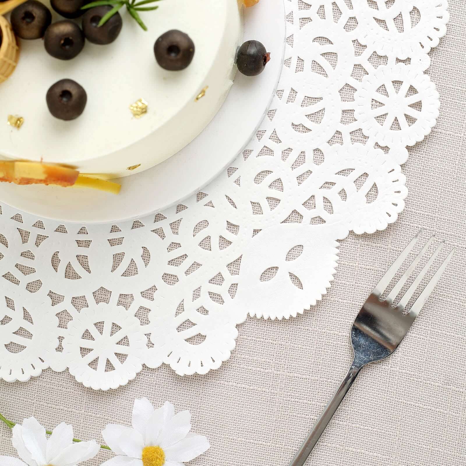 100 Pcs Paper 14" Round Placemats in White - Food Grade Lace Paper Doilies for Dessert Display & Table Decor