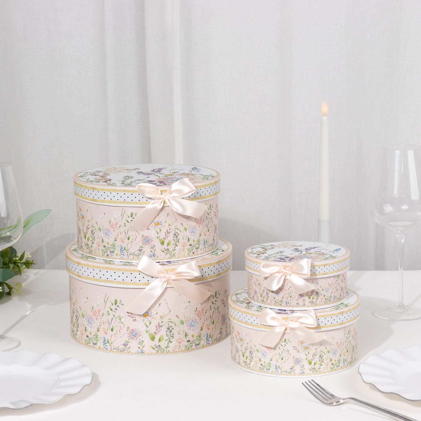 Set of 4 Cardstock Round Nesting Gift Boxes Blush Floral Design - Decorative Heavy Duty Stackable Keepsake Boxes With Lids for Presents Storage & Pedestal Stand 5",7",8",9"