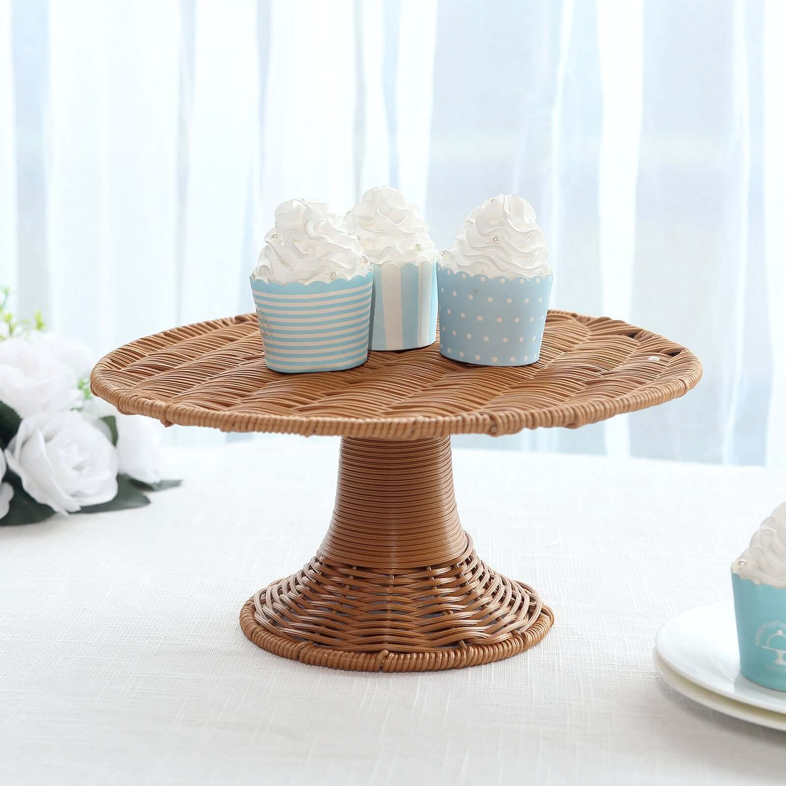 Plastic Round Rattan Wicker Pedestal Cake Stand Natural for Home Parties & Events 12"