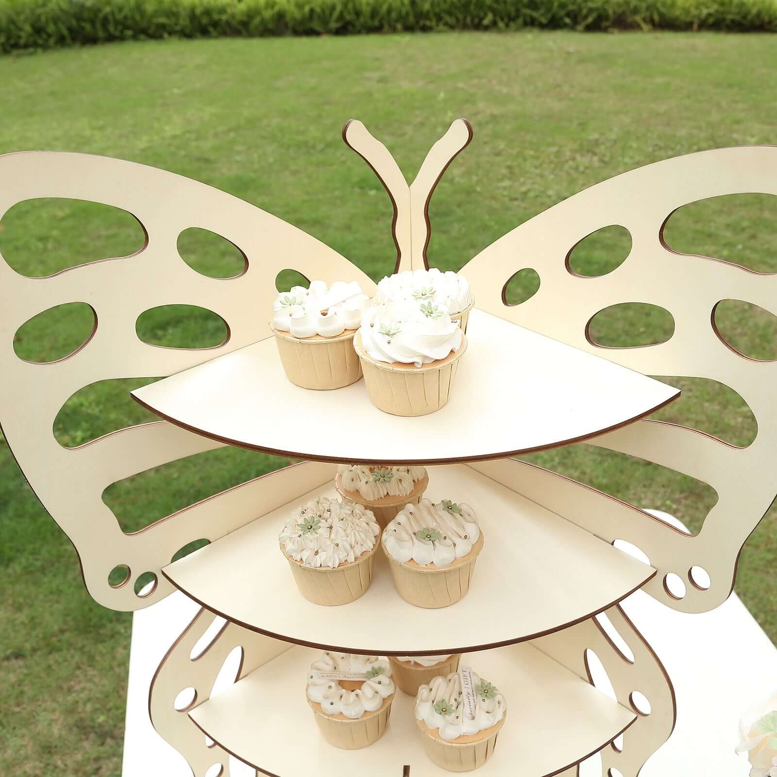 3-Tier Wooden Cupcake Stand Butterfly Design Natural - Rustic Dessert Display Shelf Rack 24"
